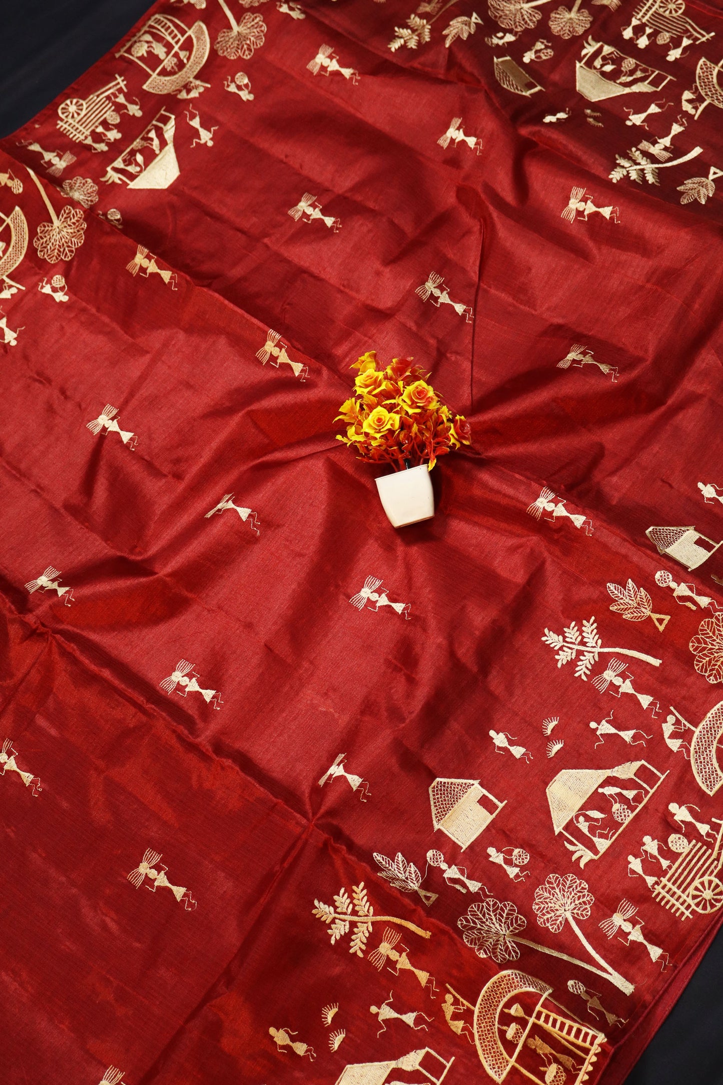 Art Inspired Red Handloom Tussar Silk Saree With Subtle Embroidery Highlights