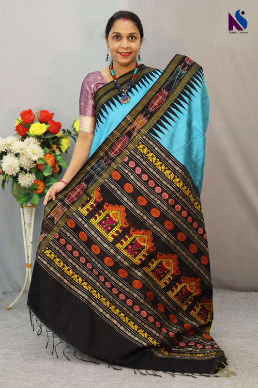 Beautiful Handloom Flema Silk Sky Blue Saree with Rich Black Pallu and Dolabery Pattern