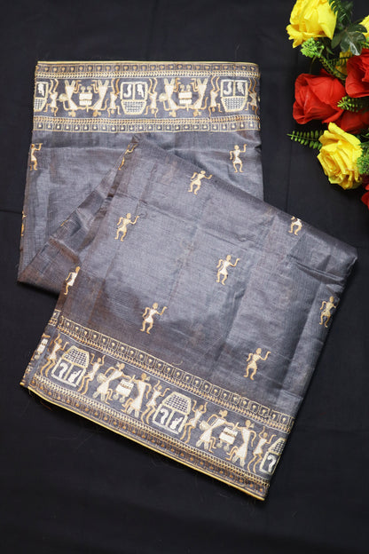Luxury Handloom Crafted Grey Tussar Silk Saree Featuring Fine Embroidery Work