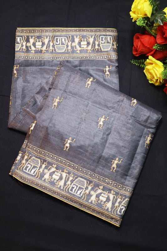 Luxury Handloom Crafted Grey Tussar Silk Saree Featuring Fine Embroidery Work