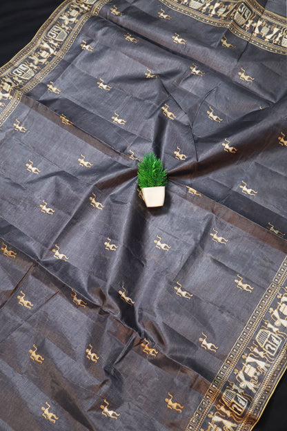 Luxury Handloom Crafted Grey Tussar Silk Saree Featuring Fine Embroidery Work