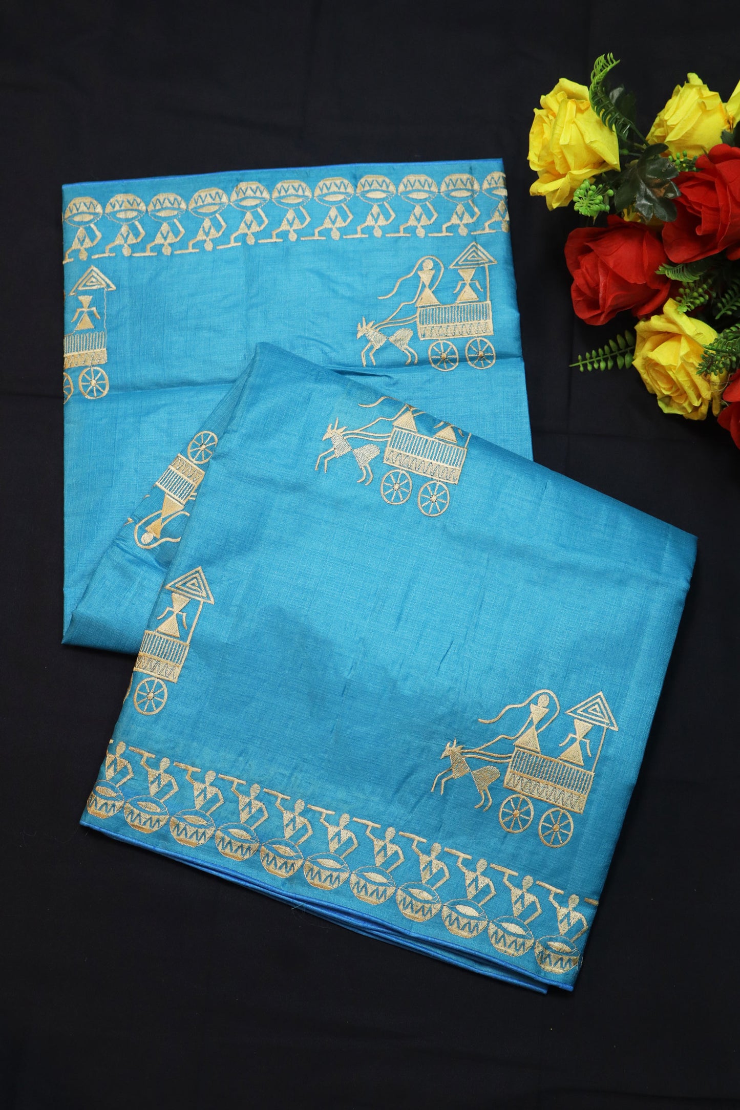 Handwoven Turquoise Tussar Silk Saree Featuring Artistic Embroidery And Fresh Appeal