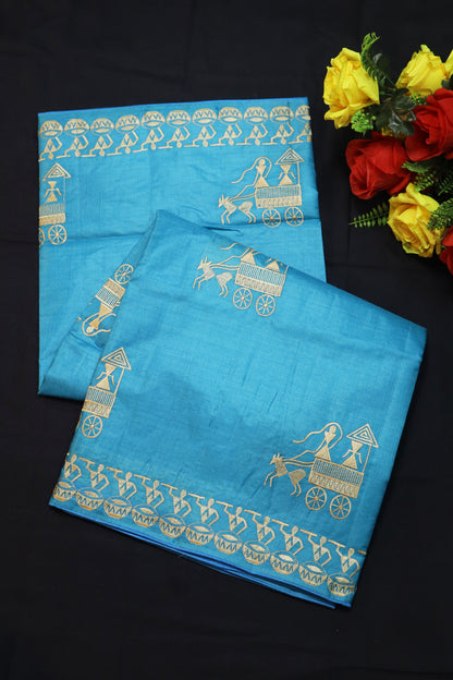 Handwoven Turquoise Tussar Silk Saree Featuring Artistic Embroidery And Fresh Appeal