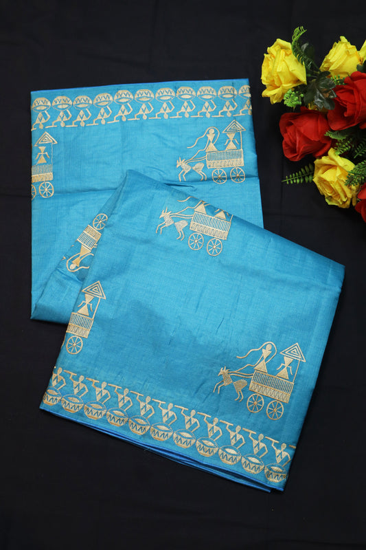 Handwoven Turquoise Tussar Silk Saree Featuring Artistic Embroidery And Fresh Appeal