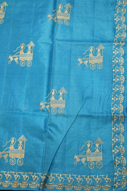 Handwoven Turquoise Tussar Silk Saree Featuring Artistic Embroidery And Fresh Appeal