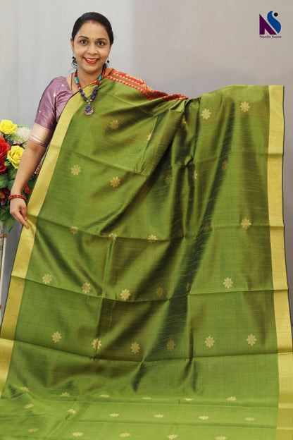 Earthy mehendi and rich red tones paired with elegant handloom craftsmanship saree