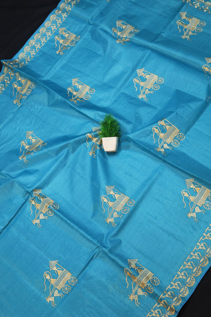 Handwoven Turquoise Tussar Silk Saree Featuring Artistic Embroidery And Fresh Appeal