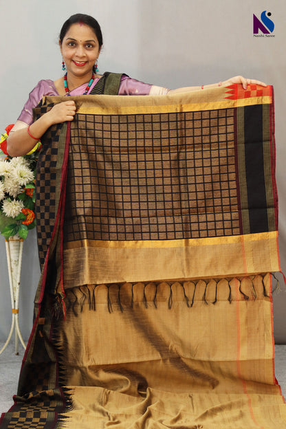 Beautiful Dark Cream Handloom Raw Flema Silk Saree with Elegant Border and Black Contrast Pallu Unique Design