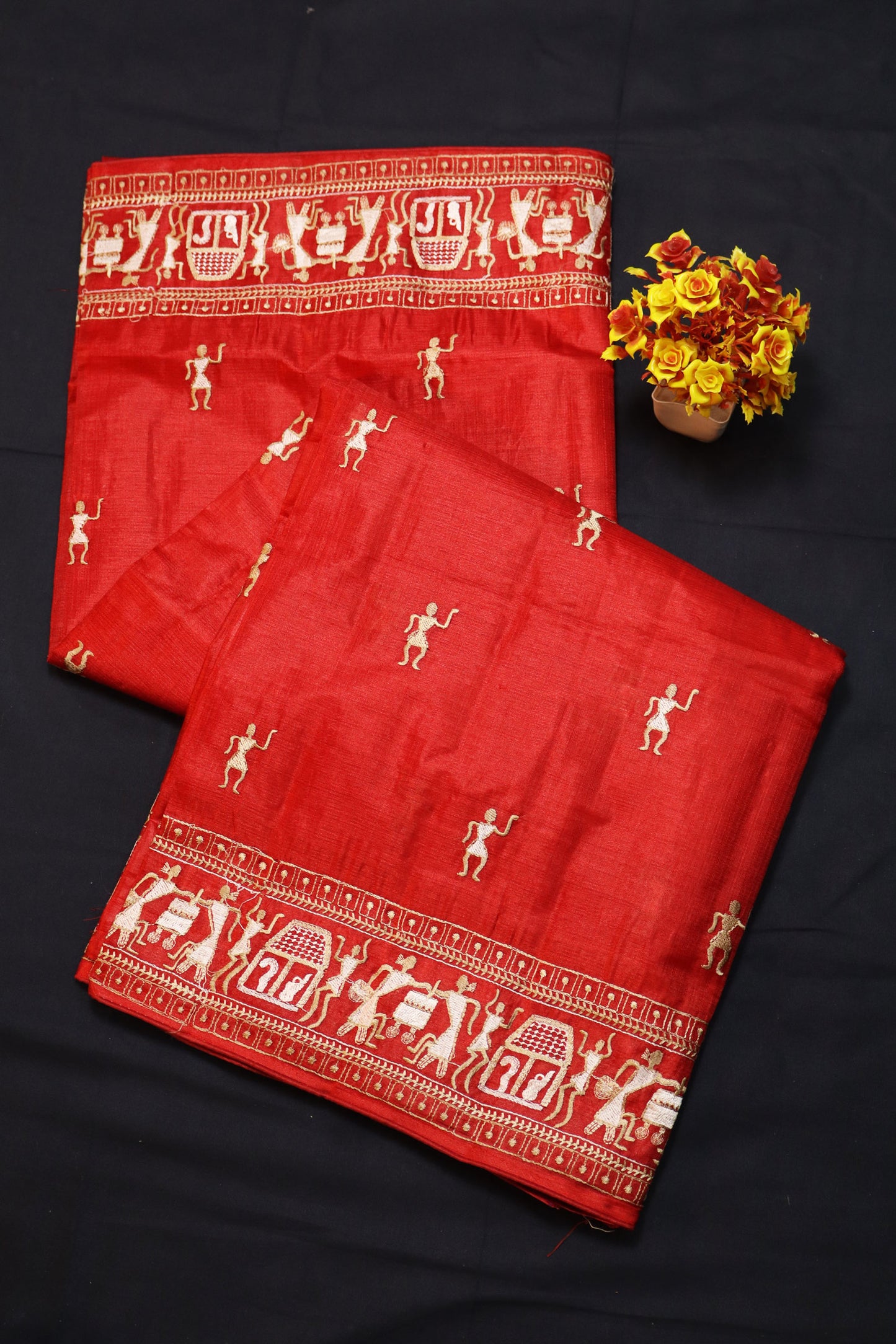Premium Handloom Red Tussar Silk Saree With Beautiful Doll Design Embroidery