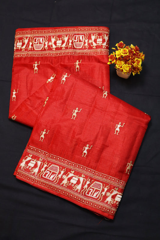 Premium Handloom Red Tussar Silk Saree With Beautiful Doll Design Embroidery