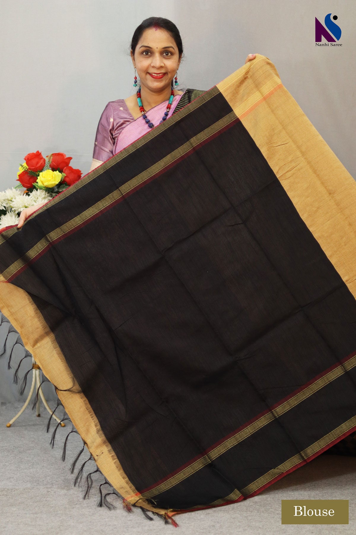 Beautiful Dark Cream Handloom Raw Flema Silk Saree with Elegant Border and Black Contrast Pallu Unique Design