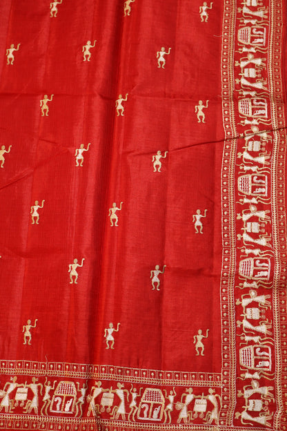 Premium Handloom Red Tussar Silk Saree With Beautiful Doll Design Embroidery
