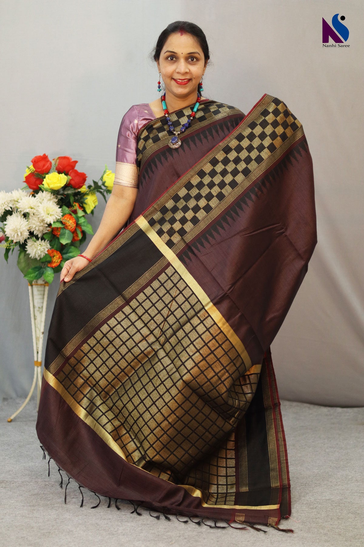 Traditional Flema Silk Saree in Dark Brown with Rich Golden Black  Pallu
