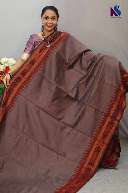 Classic Handloom flema silk Saree with Coffee Colour body pochampalli pallu ekkat Border