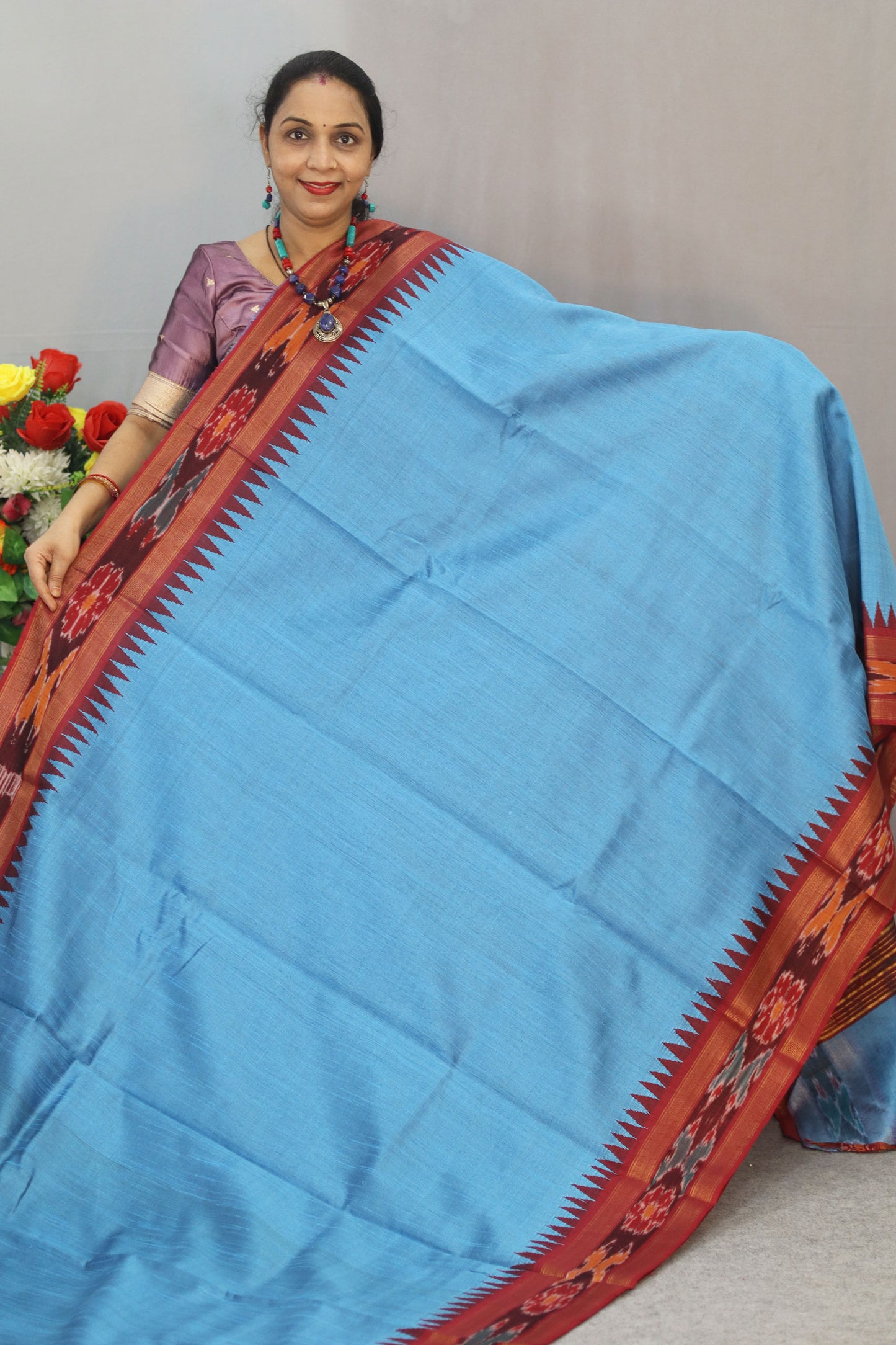 Traditional Handwoven Flema Silk Saree, sky blue Ikkat Border
