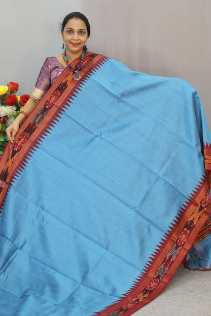 Traditional Handwoven Flema Silk Saree, sky blue Ikkat Border