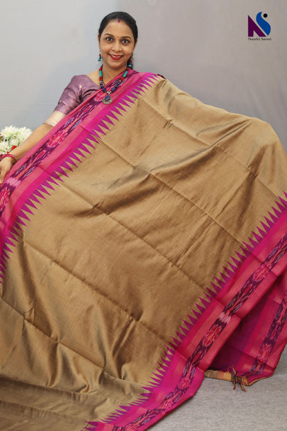 Graceful Handloom flema silk Saree with Tussar Body Pink pochampalli Pallu ekkat border