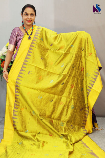 Handloom Flema Silk Saree in  Yellow and Blue with Elegant Dolabery Design
