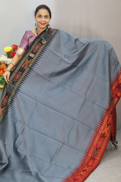 Beautiful Handwoven Flema Silk Saree in grey Ikkat border