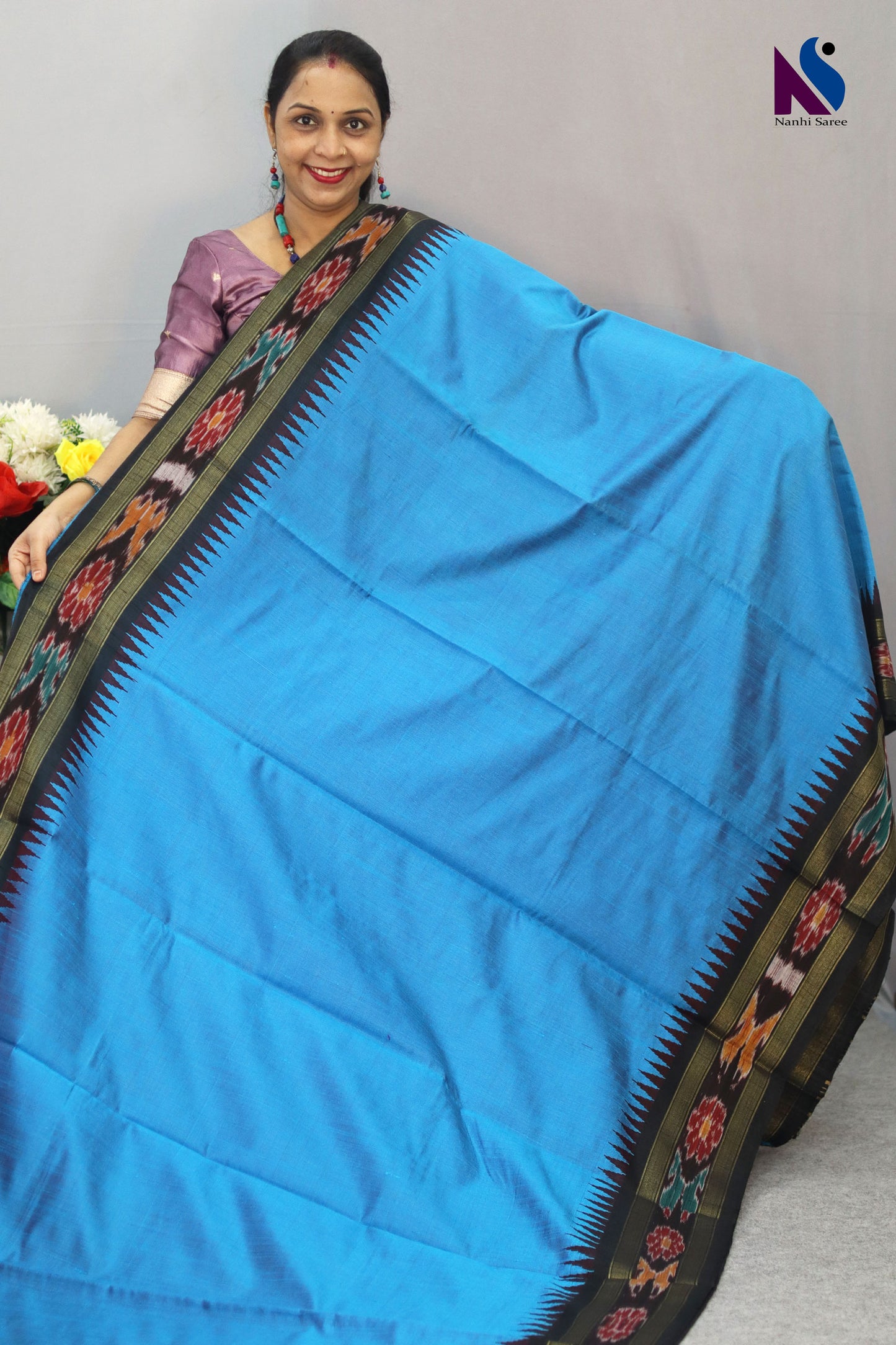 Charming Handloom flema silk Saree with Turquoise Colour Pochampalli Design ekkat border