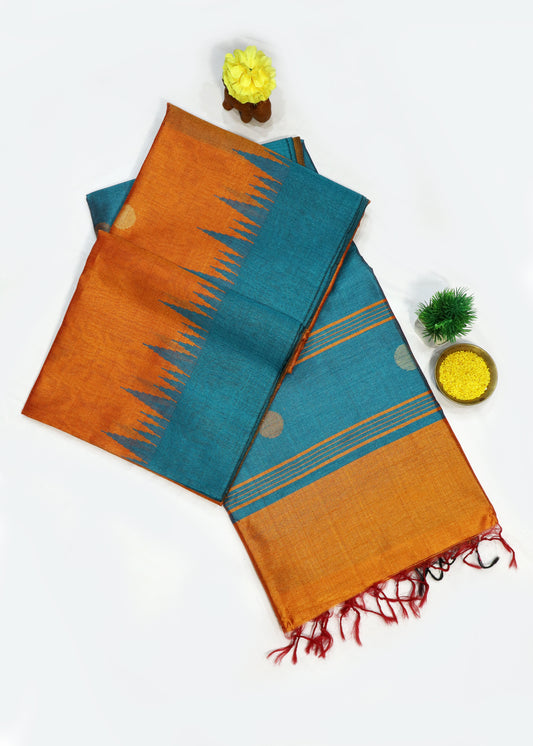 Hand Woven Bright Orange Blends with Calm Turquoise Hues saree