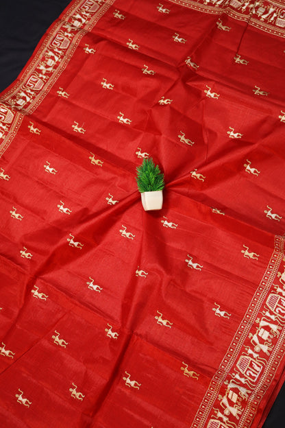 Premium Handloom Red Tussar Silk Saree With Beautiful Doll Design Embroidery
