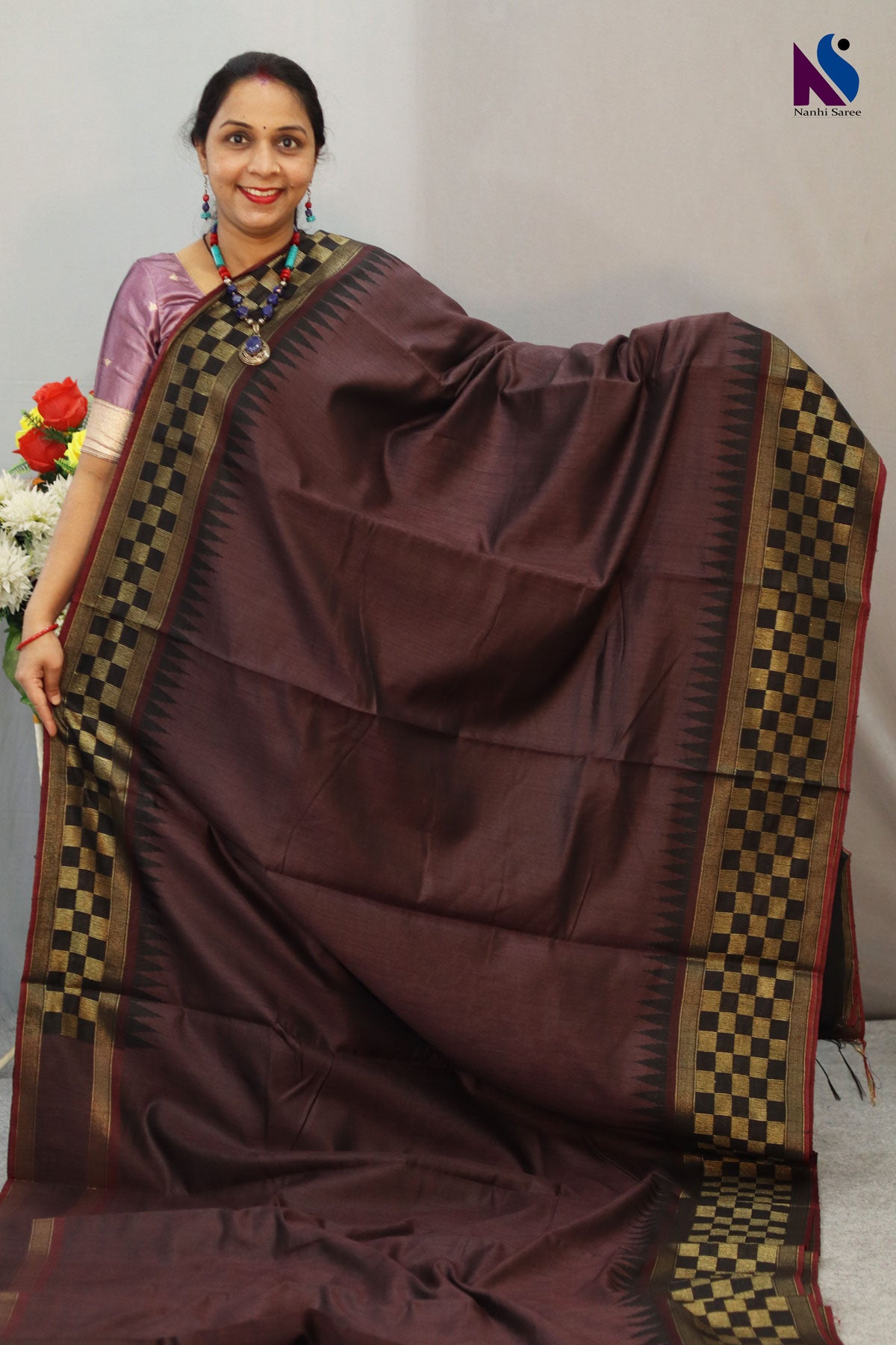 Traditional Flema Silk Saree in Dark Brown with Rich Golden Black  Pallu