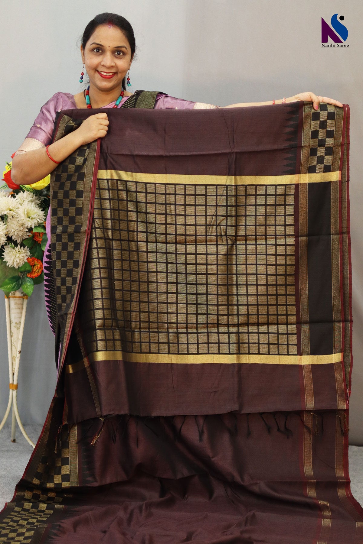 Traditional Flema Silk Saree in Dark Brown with Rich Golden Black  Pallu