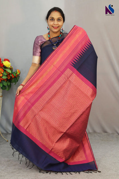 Classic navy blue handloom saree featuring beautiful contrast pallu