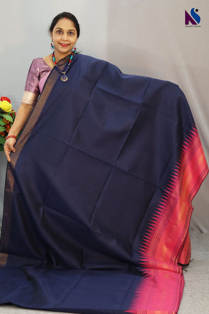 Classic navy blue handloom saree featuring beautiful contrast pallu