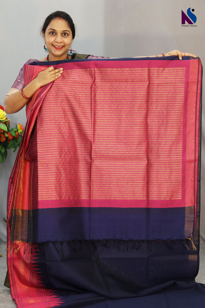 Classic navy blue handloom saree featuring beautiful contrast pallu