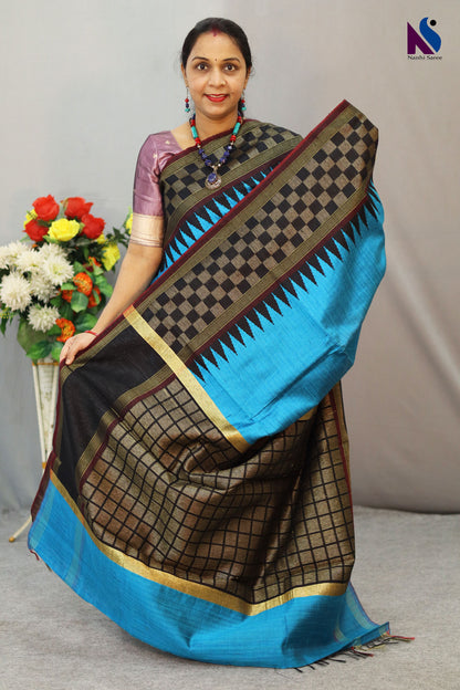 Graceful Dark Sky Blue Handloom Flema Silk Saree with Black Golden Pallu