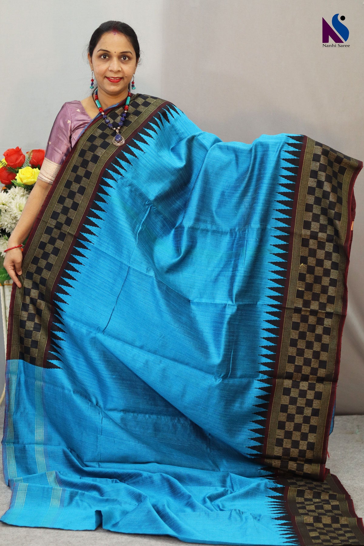 Graceful Dark Sky Blue Handloom Flema Silk Saree with Black Golden Pallu