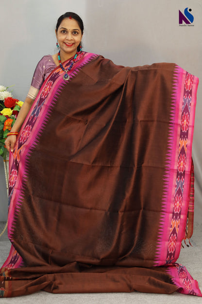 Warm brown hues blended with iconic Pochampally design handloom saree