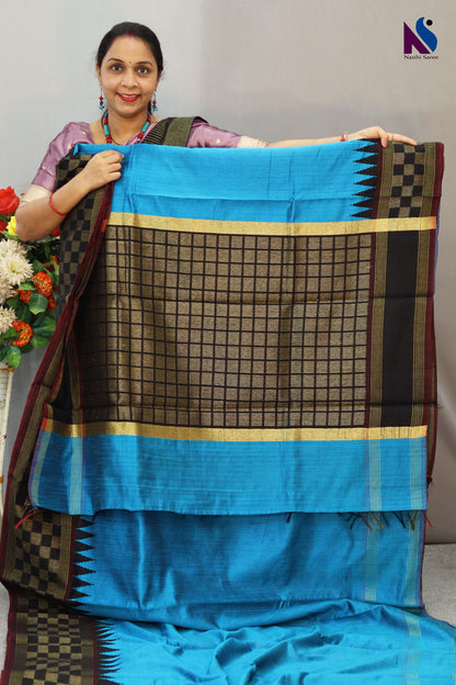 Graceful Dark Sky Blue Handloom Flema Silk Saree with Black Golden Pallu