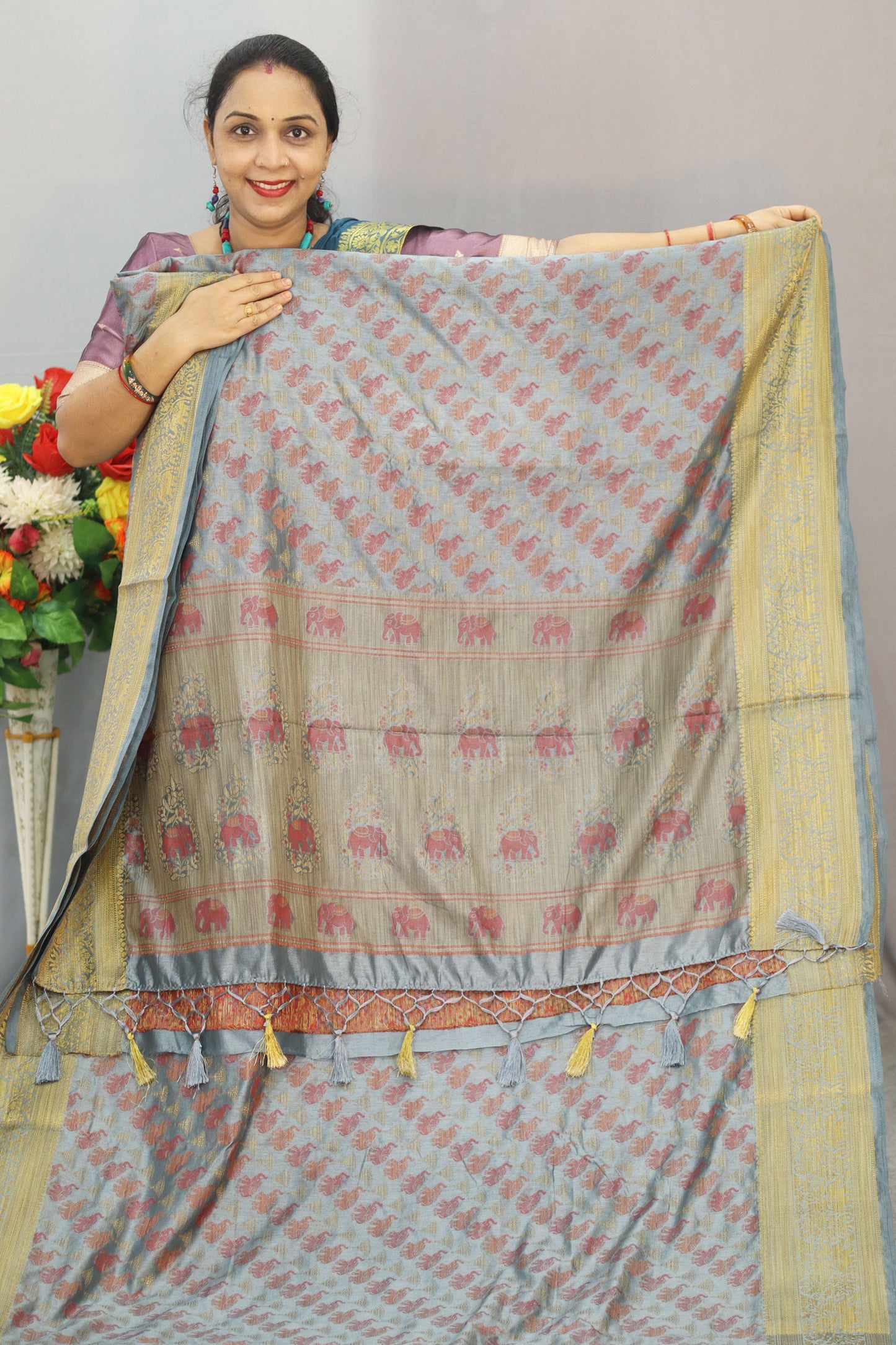 Beautiful Light Grey Powerloom  soft Saree with Classic Weaving