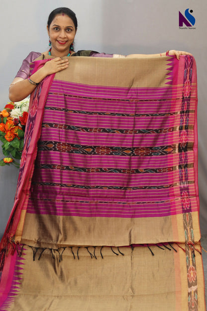 Graceful Handloom flema silk Saree with Tussar Body Pink pochampalli Pallu ekkat border