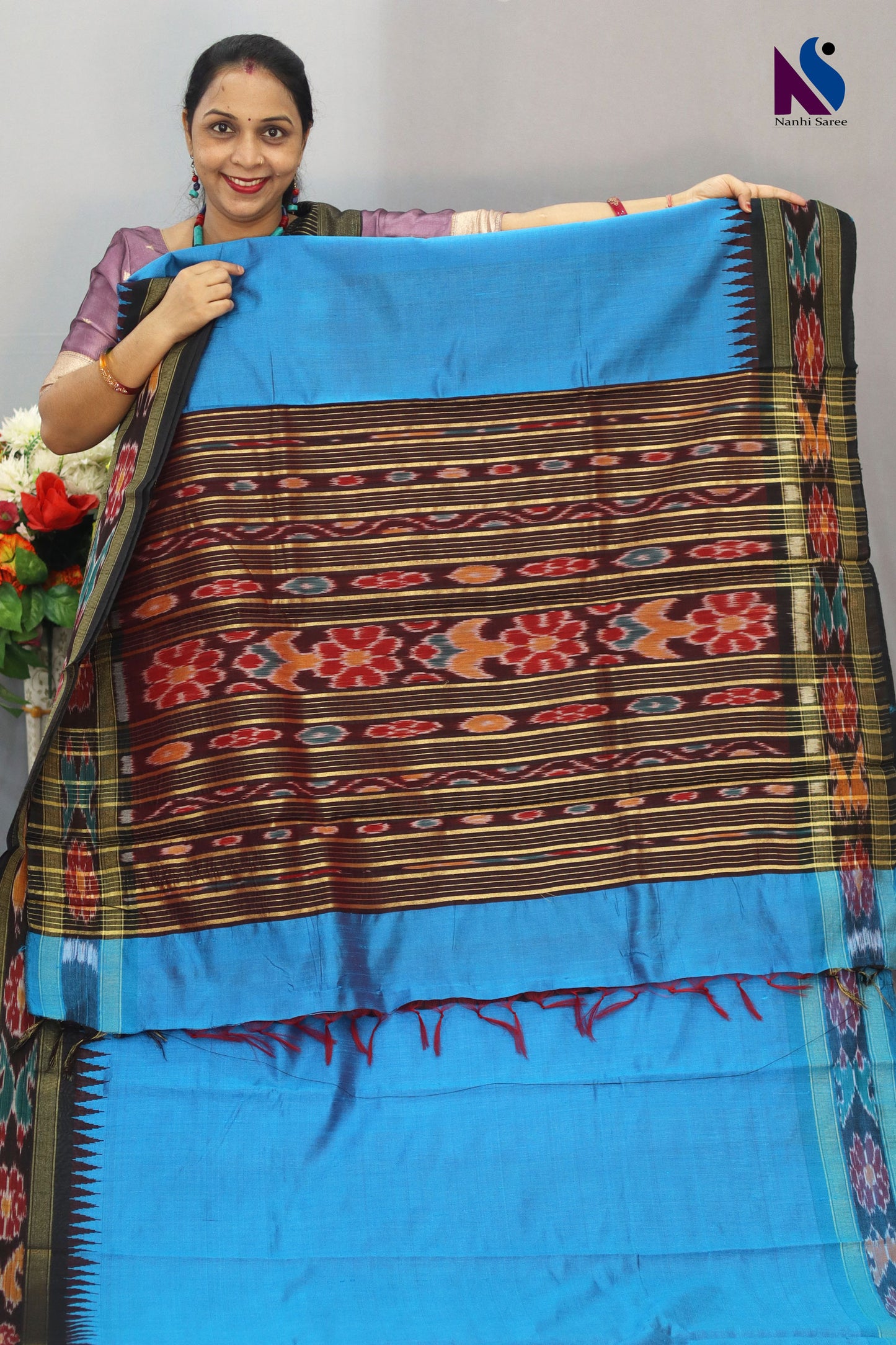 Charming Handloom flema silk Saree with Turquoise Colour Pochampalli Design ekkat border