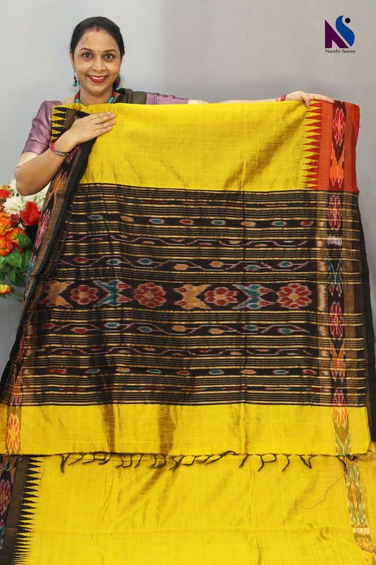 Traditional Handloom flema silk Saree with Mustard yellow pochampalli pallu ekkat Border