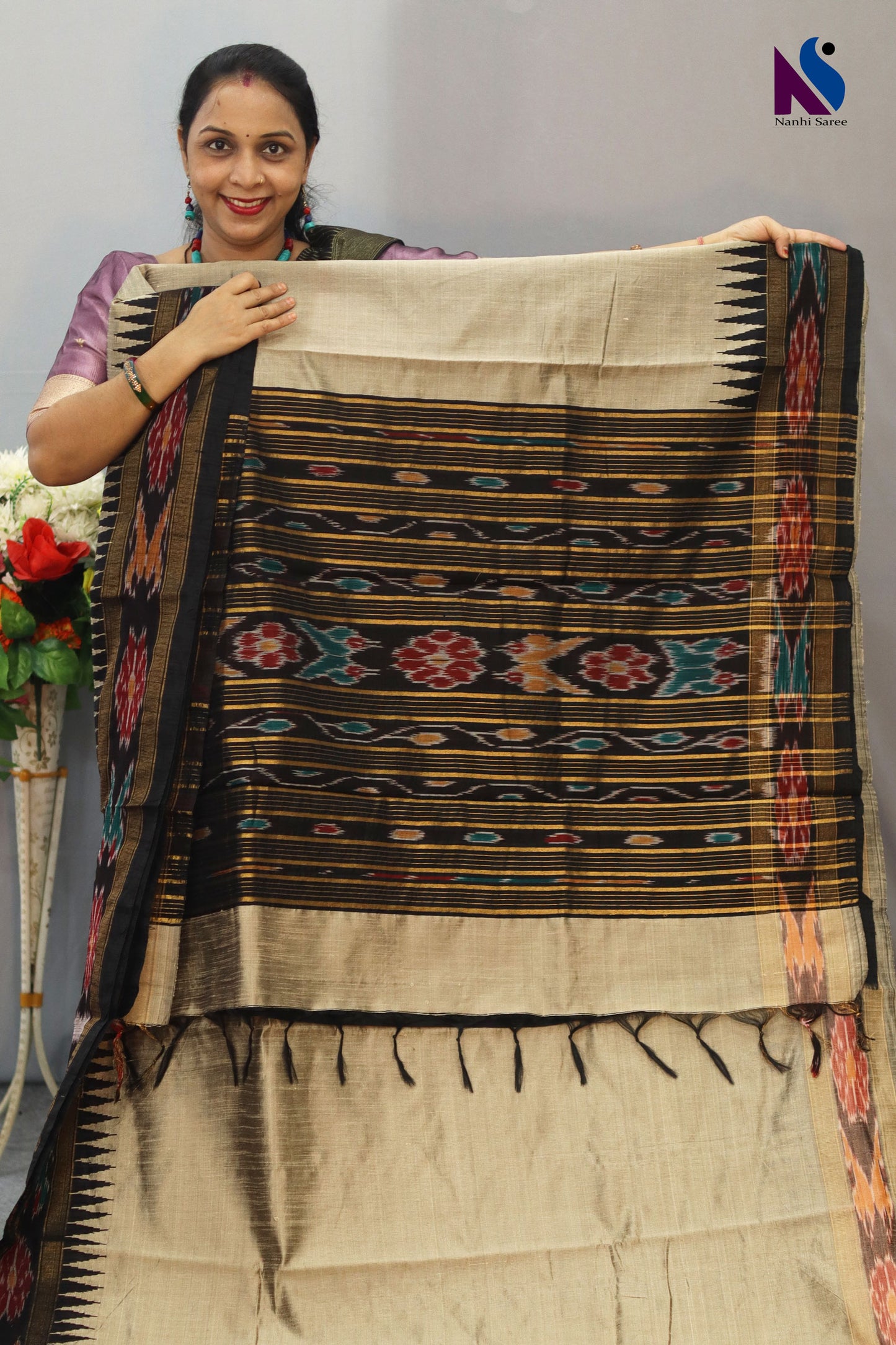 Traditional Handloom flema silk Saree with tussar Colour black pochampalli Pallu ekkat border