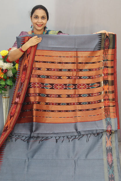 Beautiful Handwoven Flema Silk Saree in grey Ikkat border