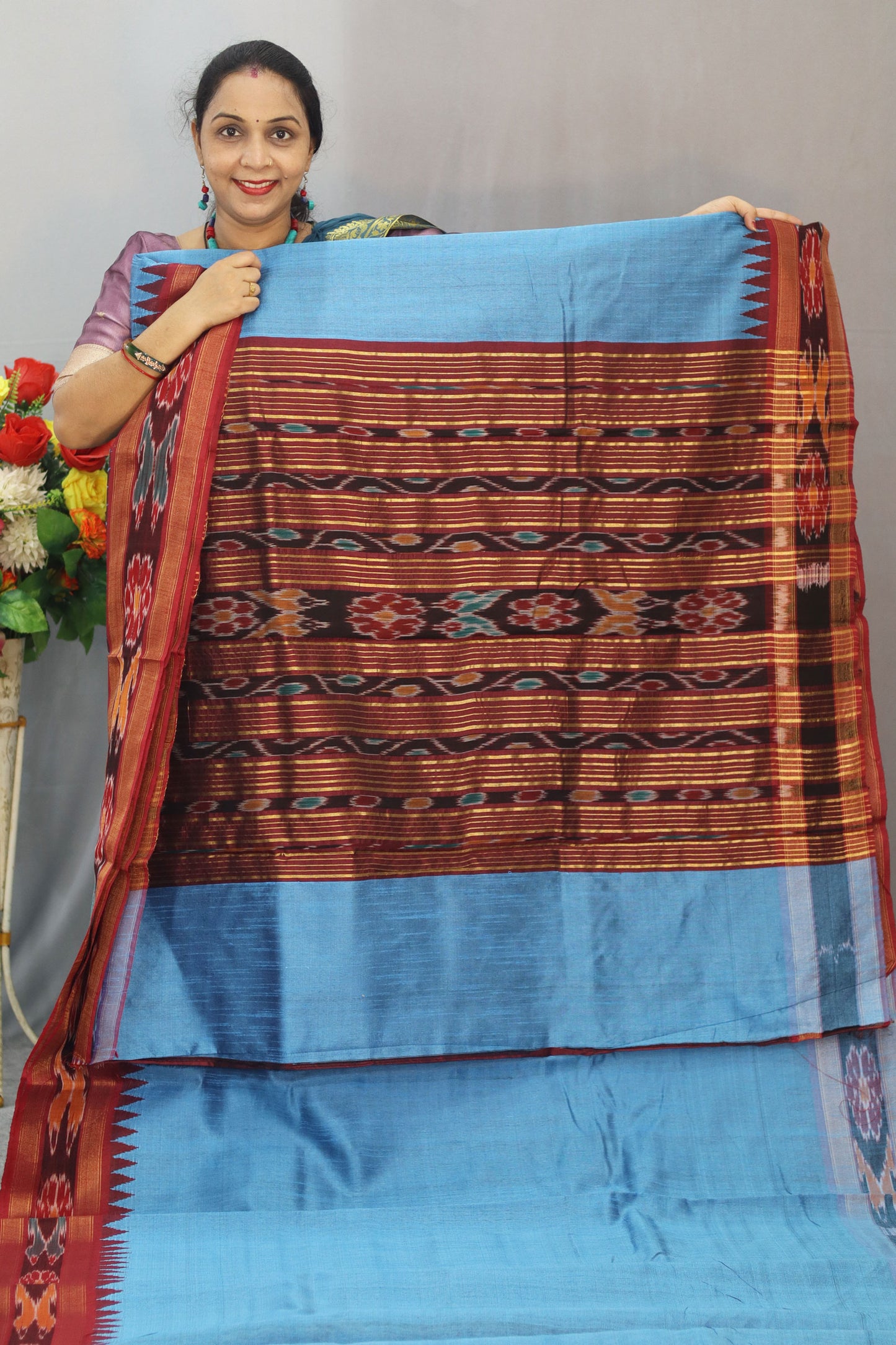 Traditional Handwoven Flema Silk Saree, sky blue Ikkat Border