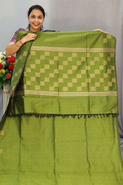 "Graceful mehendi green hand-woven saree, woven with elegance."