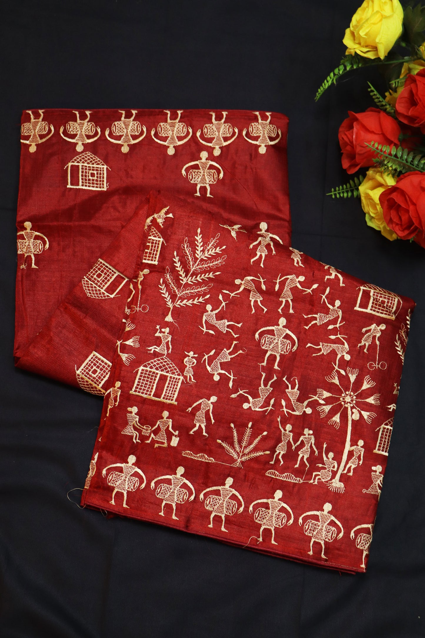 Naturally Elegant Wine Red Tussar Silk Saree Celebrating Pure Handloom Embroidery