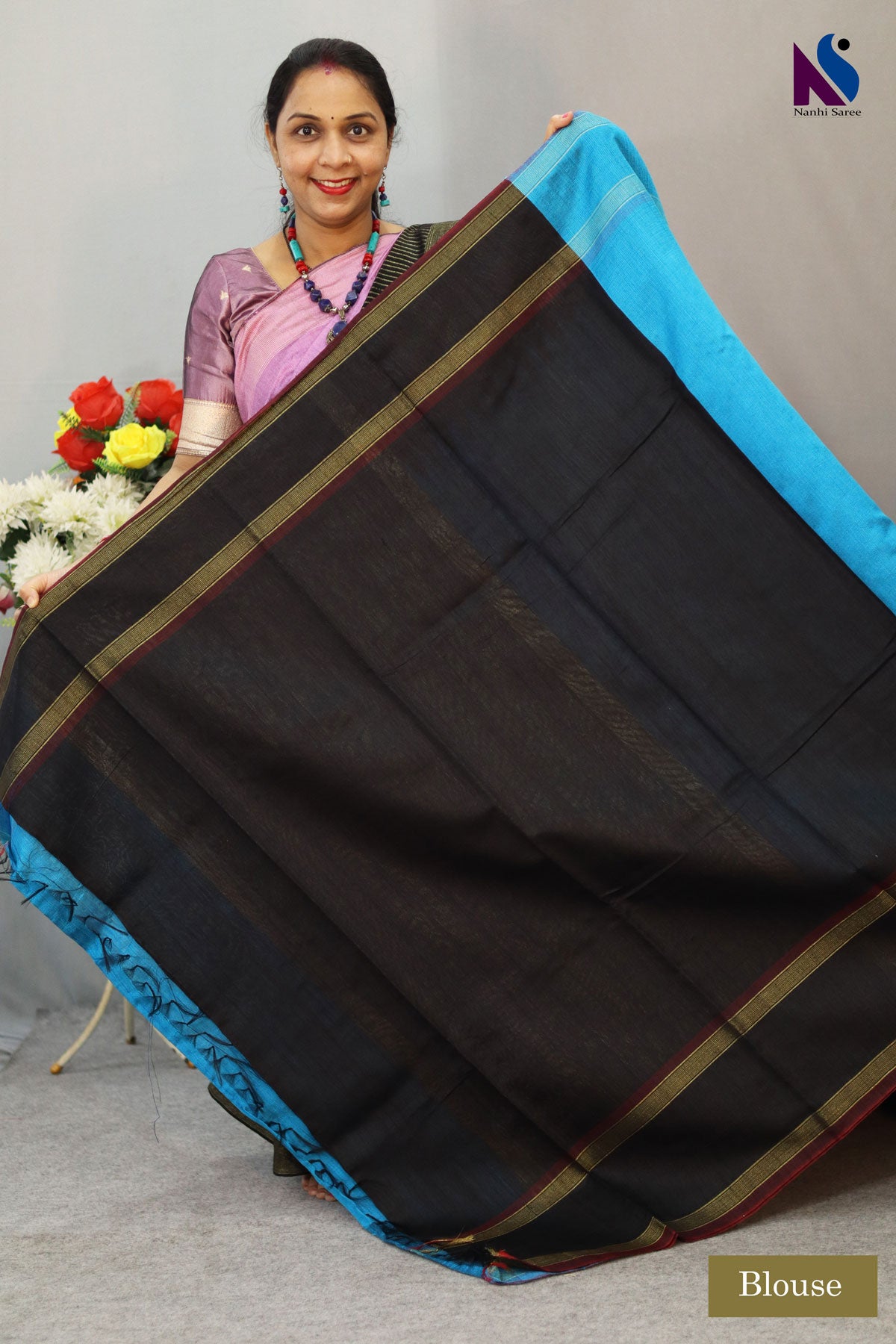Graceful Dark Sky Blue Handloom Flema Silk Saree with Black Golden Pallu