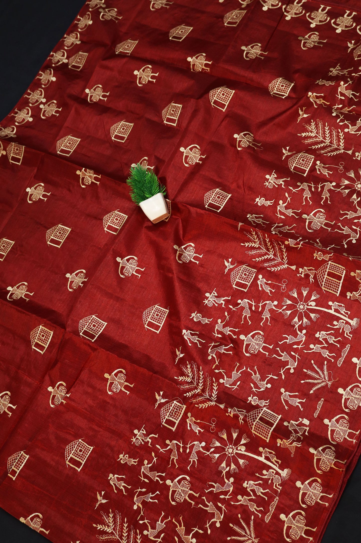 Naturally Elegant Wine Red Tussar Silk Saree Celebrating Pure Handloom Embroidery