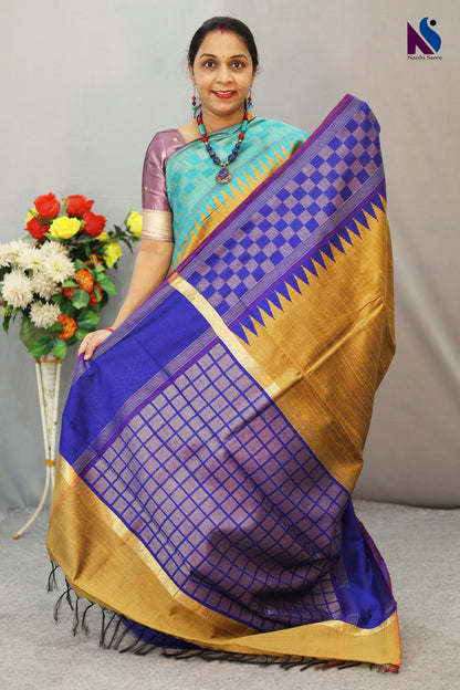 Attractive Handloom Flema Silk Saree with Blue pallu Golden body – Beautiful Colour Combination