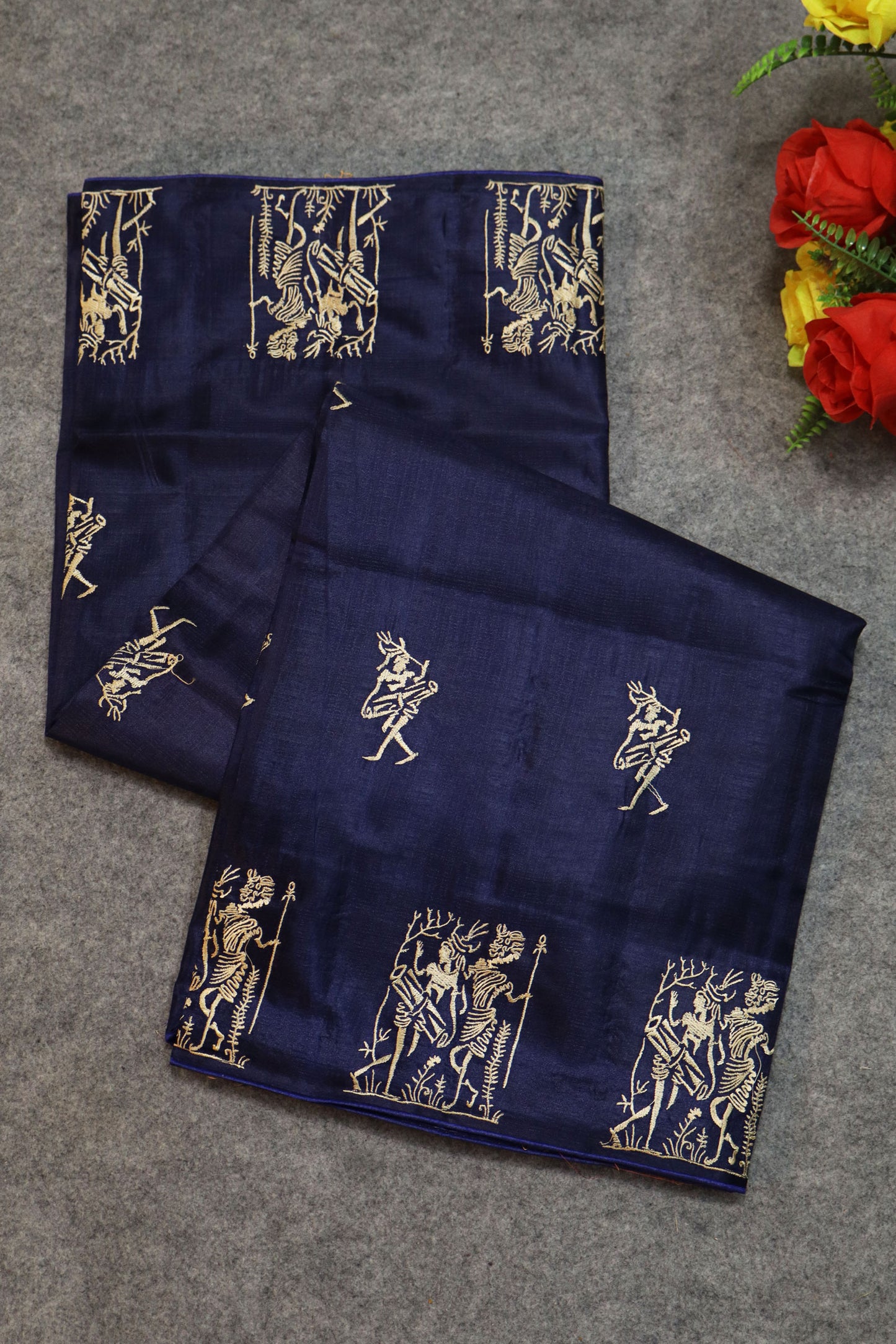 Deep Navy Blue Tussar Silk Saree Showcasing Heritage Handloom Weaving And Embroidery