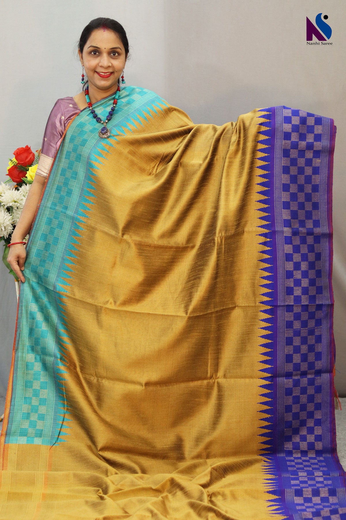 Attractive Handloom Flema Silk Saree with Blue pallu Golden body – Beautiful Colour Combination