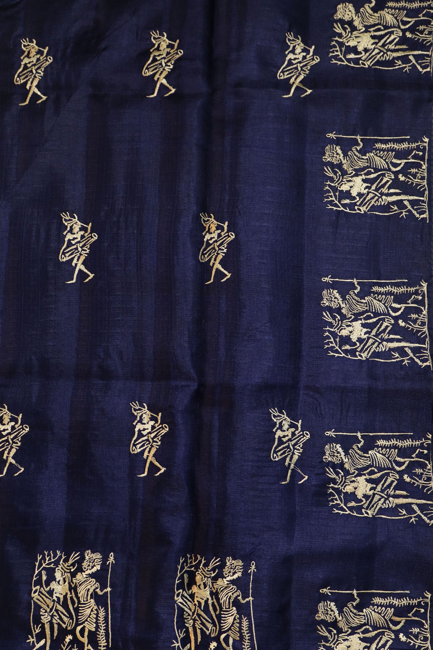 Deep Navy Blue Tussar Silk Saree Showcasing Heritage Handloom Weaving And Embroidery